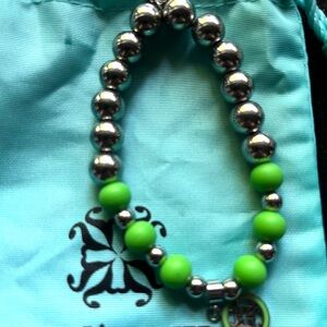 Rustic Cuff neon lime Green and Silver Beaded Bracelet